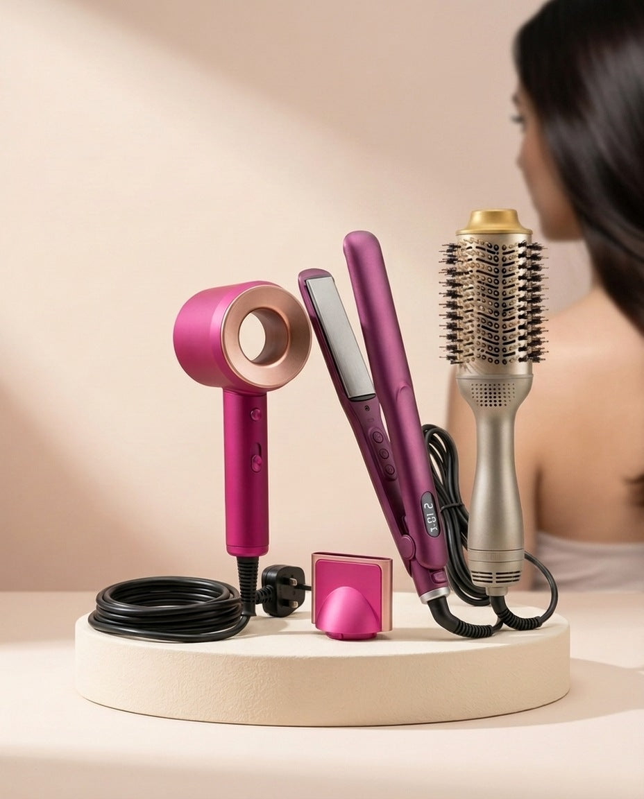 Glossy dryer, straightener and hot air brush on a pedestal